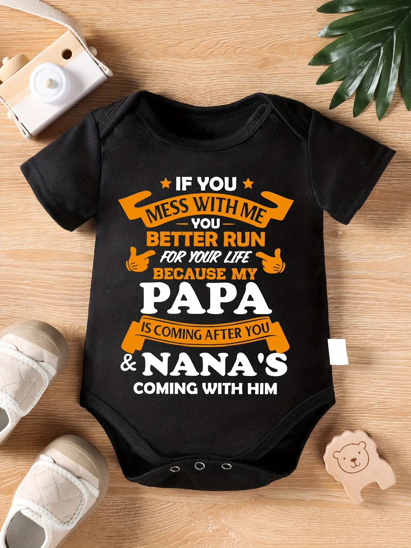 Funny Grandparent Graphic Baby Bodysuit - Short Sleeve Cotton Romper, 0-3m/3-6m/12-18m Nap Time Baby Items, "If You Mess With Me You Better Run For Your Life Because My Papa Is Coming After You & Nana's Coming With Him"