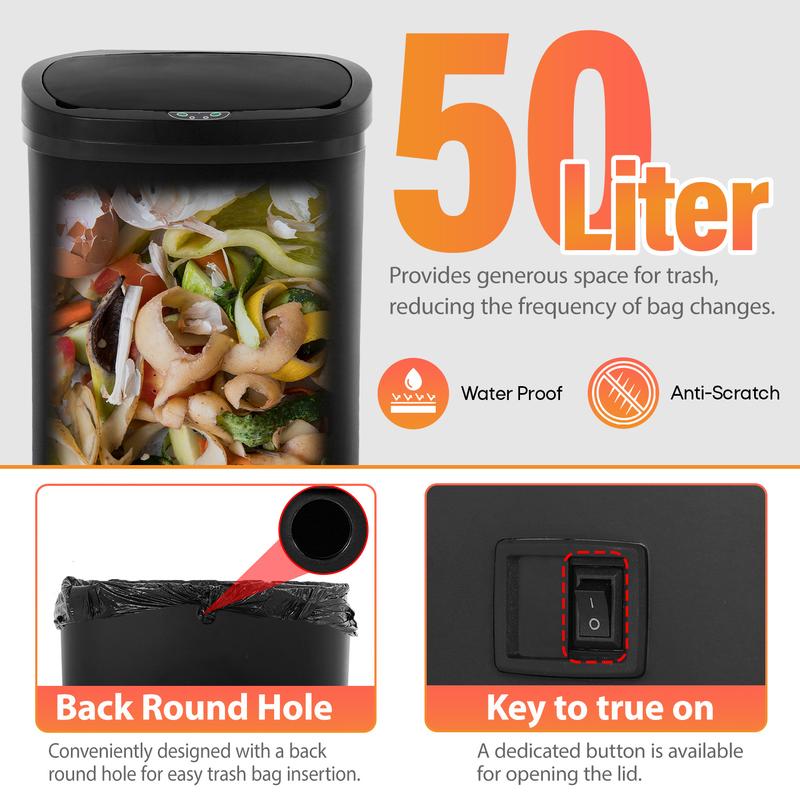 BestOffice 13 Gallon Automatic Trash Can with Lid Touch Free High-Capacity Motion Sensor for Kitchen Bedroom Bathroom Office Waterproof Durable PP Plastic Smart Sensing Technology Easy Cleaning Odor Control Energy-Saving Operation