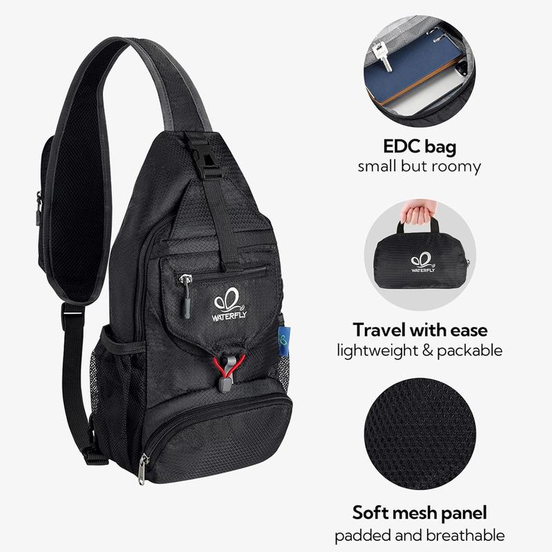 WATERFLY Packable Small Crossbody Sling Backpack with Side Pouch for Hiking Traveling Ideal Daypack for Shoulder Chest Carrying