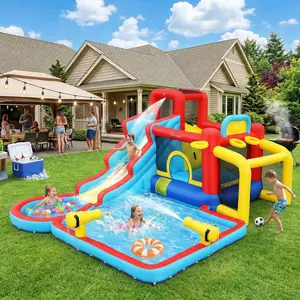 AKEYDIY 12-in-1 Inflatable Bounce House Park, Giant Water Slide for Kids, Wet & Dry Use, Large Jumping Area, Climbing Wall, Water Cannons, Soccer Goal, Blower Included, Outdoor Play, Birthday Party Gift for Kids, Easter gift