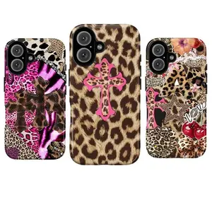 Trendy Pink Leopard Zebra Pattern Glitter Cross Charm Heavy Duty Tough Phone Case Shockproof Drop Protection Durable Hard Cover Aesthetic for iPhone