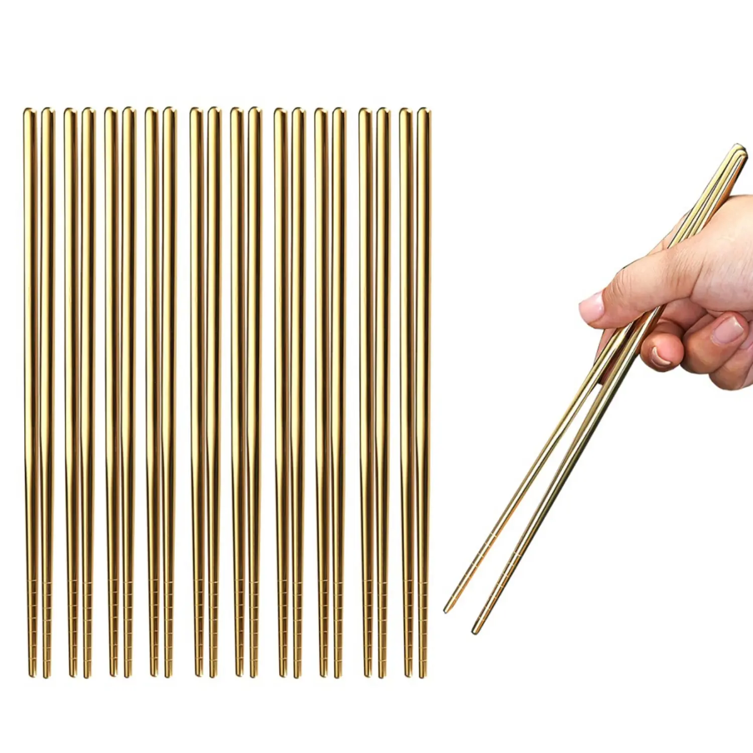 10 Pairs Reusable Chopsticks, 8.9 Inch Titanium Gold Plating Stainless Steel Metal Chop Sticks, Japanese Chinese Korean Chopstick Dishwasher Safe