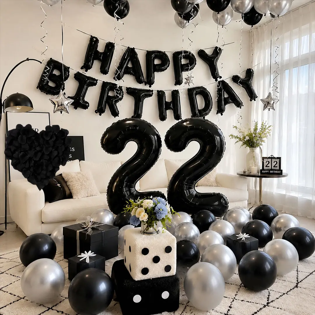 1100pcs Multicolor Festive Balloon Garland Kit - Black & Silver Chrome Latex, Heart Shape Foil Balloons, Silver Happy Birthday Backdrop Banner, 1000pcs Fake Black Rose Petals for Anniversary, Gender Reveal