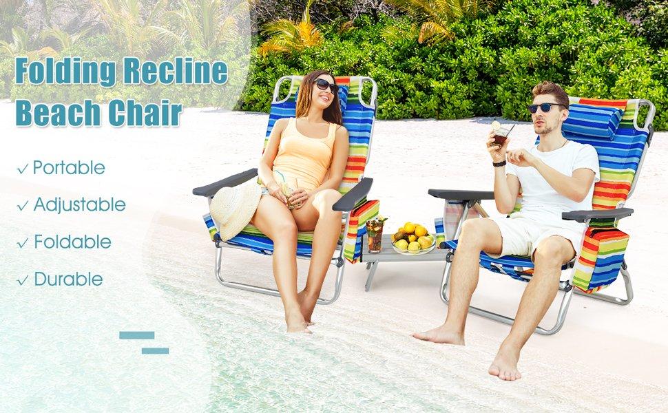 COSTWAY 2 Packs Beach Chair, Folding Backpack Beach Chairs for Adults with 5 Positions, Head Pillow, Cooler Bag, Towel Bar, Cup Holders, Sunbath Sling Tanning Lounge, Foldable Layout Camping Chairs-Deals for You Days