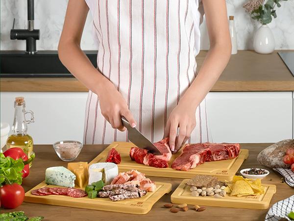 Royal Craft Wood Organic Cutting Board Set of 3 for Kitchen Cooking & Serving Bamboo Wood Cutting Boards Set - Knives Friendly Surface with Side Handles Kitchenware Boards With Juice Groove