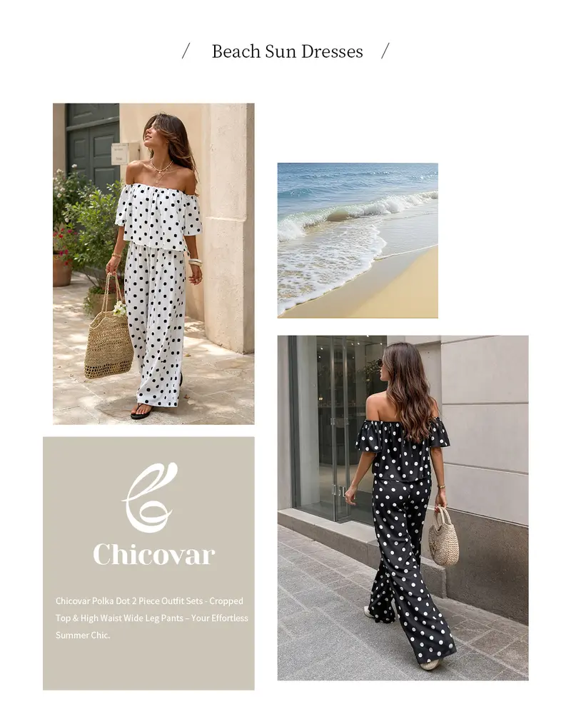 Chicovar Women's Polka Dot Off Shoulder 2 Piece Set, Puff Sleeves Cropped Top, High Waist Wide Leg Pants with Pockets, Lined, Slimming, Casual, Date, Beach Vacation Outfit Sets, Lounge Sets, Summervibes,sohochic