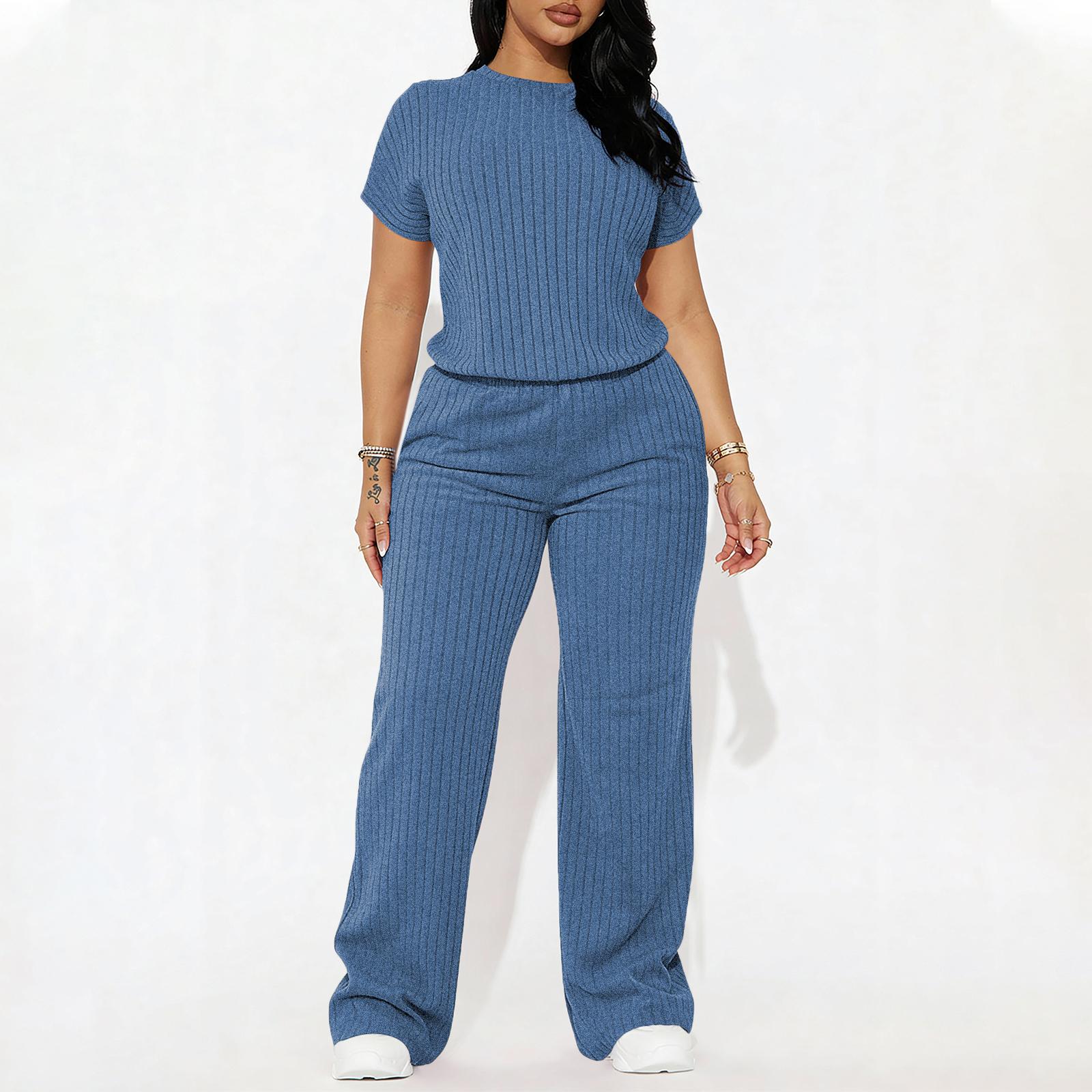 Women's Solid Shortsleeve Crewneck Ribbed Top & Wide Leg Pants Minimalist Casual Fitted Fashion Cozy Top & Trousers for Daily Outdoor Wear Ladies Clothes for Summer Womenswear Yoga Clothes Set Black Batwing Suits Suits Gamis Women's Solid Shortsleeve Crewneck Ribbed Top & Wide Leg Pants Minimalist Casual Fitted Fashion Cozy Top & Trousers for Daily Outdoor Wear Ladies Clothes for Summer Womenswear Yoga Clothes Set Black Batwing Suits Suits Gamis