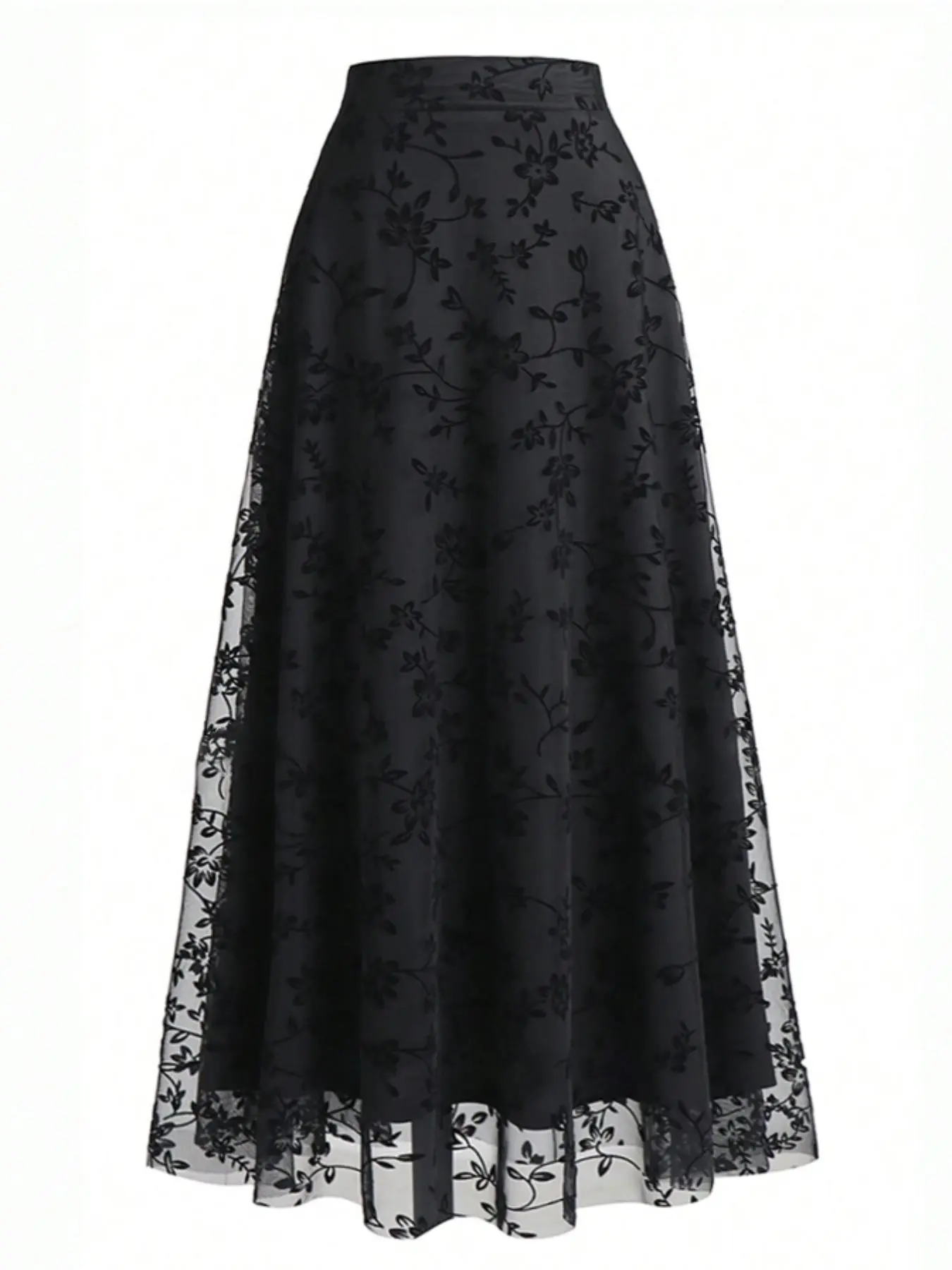 Women's Floral Embroidery Contrast Mesh A Line Skirt, Floral Pattern Skirt, Elegant Formal Casual High Waist Midi Skirt for Party Holiday Wedding Guest, Ladies Bottoms for All Seasons
