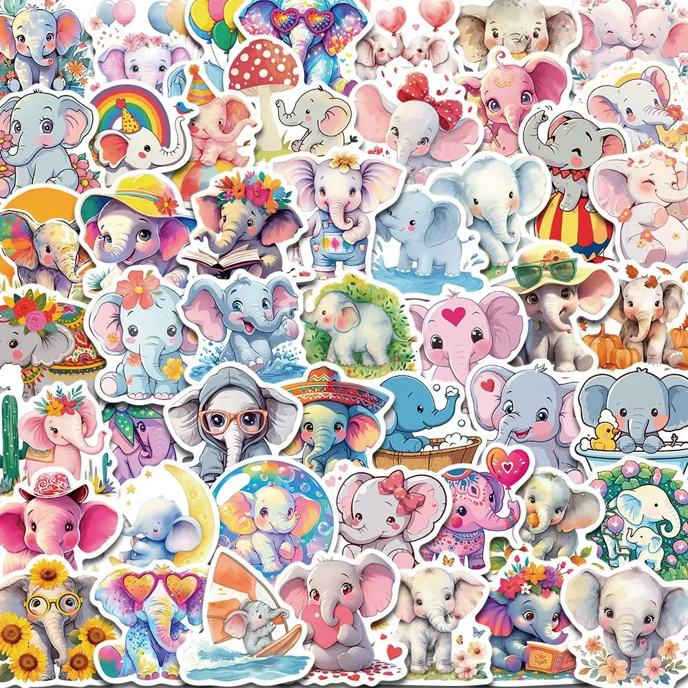 Cartoon Elephant Pattern Sticker, 50pcs/set Cute Animal Decorative Sticker, DIY Decals for Water Bottle, Laptop, Phone Case, Scrapbooking, Journal Making
