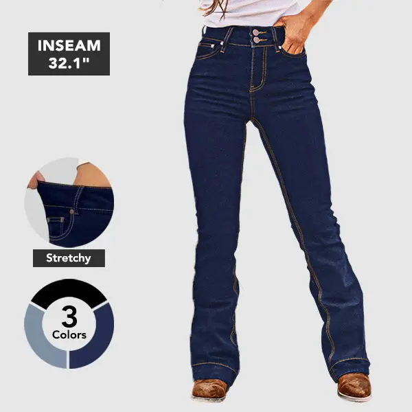 Flamingals High Waist Bootcut BBL Jeans Double Button Stitch Detail Flattering Vintage Comfortable Womenswear