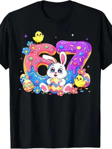 Easter Day Funny 67 Six Seven Meme Cute Bunny Girl Kids Kid T-Shirt |   Casual Boys' and Girls' T-Shirts for a Easy Spring/Summer Charm, Size 120-160, Crew Neck, Regular Sleeve