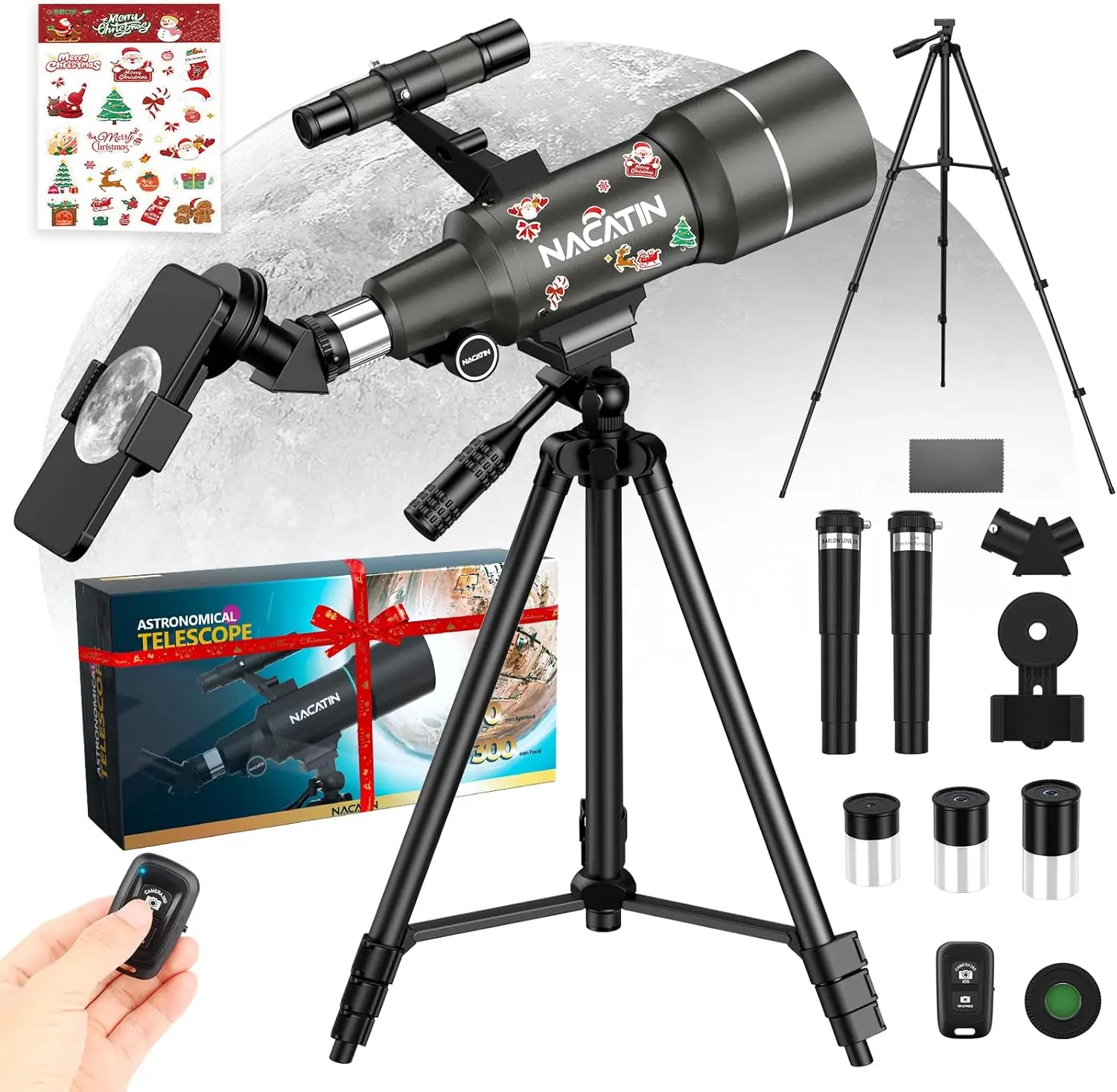 【Back To School】70mm Refractor Astronomy Telescope for Beginners, 150x Planet Detail, Science Kit with Adjustable Aluminum Alloy Tripod, Phone Mount, Wireless Remote, 3X Barlow Lens, Finderscope Guide, Sturdy Base, Travel Bag for Outdoor Stargazing