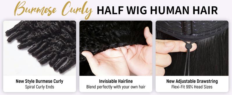 [3 IN 1 Half Wig]Tuneful Half Wig Human Hair Burmese Curly Wig for Women 180% Density Wear Go Glueless Wigs Human Hair 3 In 1 Seamless Flip Headband Wig Hairline Beginner Friendly with Spiral End Natural Color