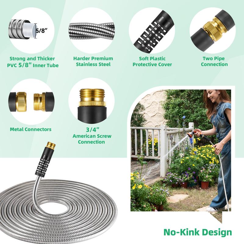 Garden Hose 50/100 ft Metal - Stainless Steel Water Hose Flexible Heavy Duty Garden Hose Collapsible and No Kink Water Pipe Home Nozzles Adjustable Durable Outdoorfun