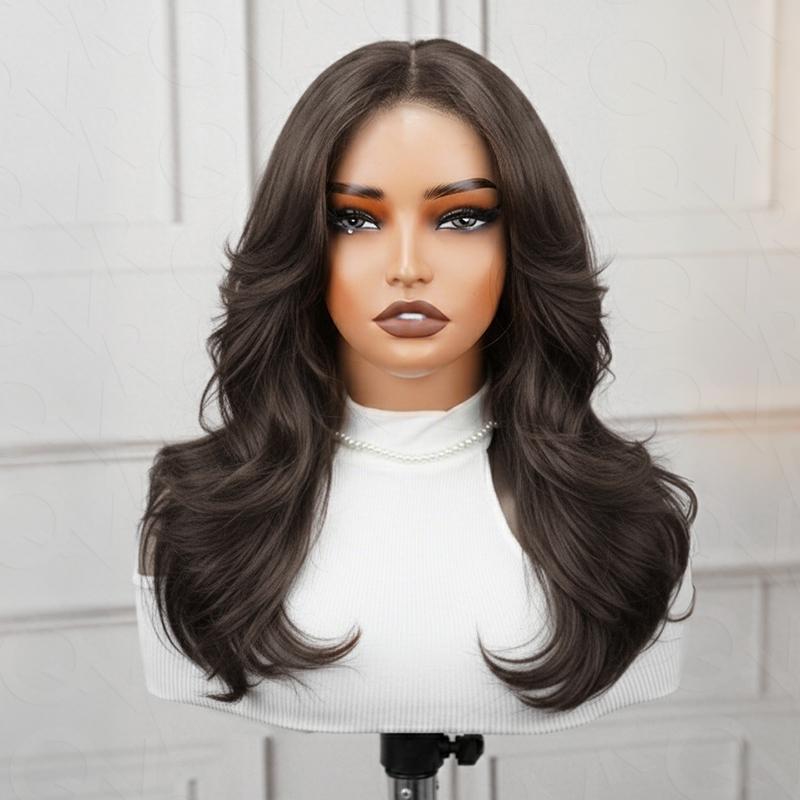 26 Inch Layered Long Lace Front Straight Wigs for Women, Natural Looking Wig with Curtain Bangs