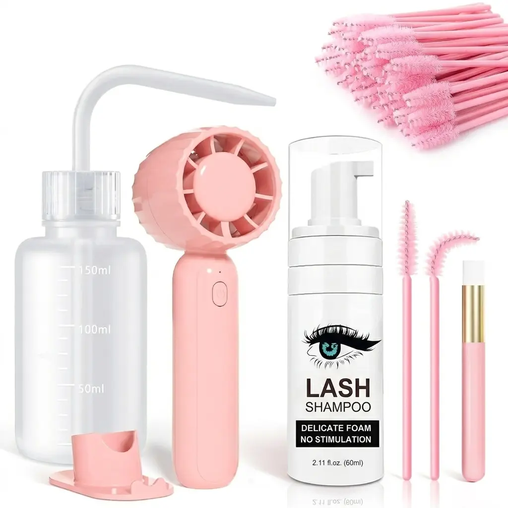 【SUMMER VIBES】2.11oz Lash Shampoo Kit for Eyelash Extensions & Gentle Mousse Cleanser & Mini Pink Handheld Fan - Easy for Beginners & Makeup Care