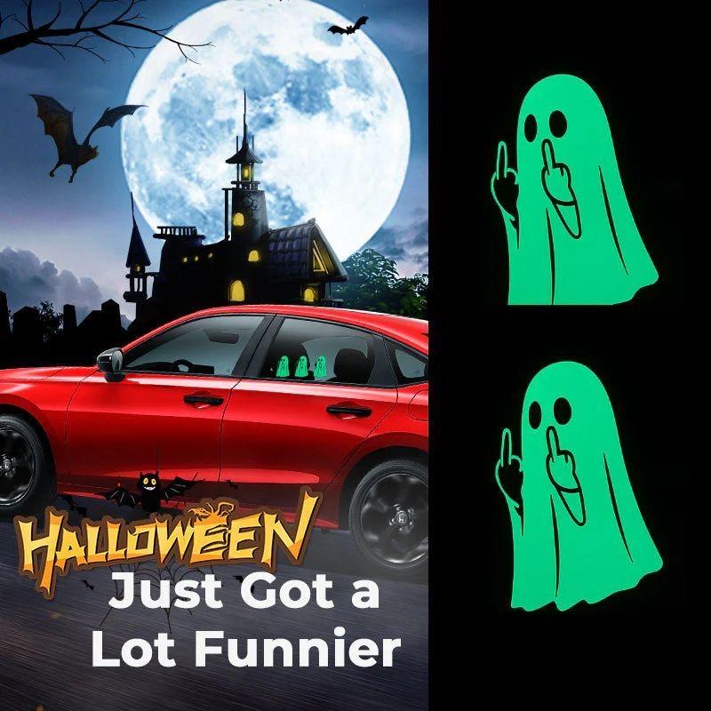 Glow-in-the-Dark Halloween Ghost PVC Sticker Middle Finger Decal Reflective Car & Motorcycle Decal for Windows and Paint 2/4 pcs Halloween Themed Ghoul Stickers