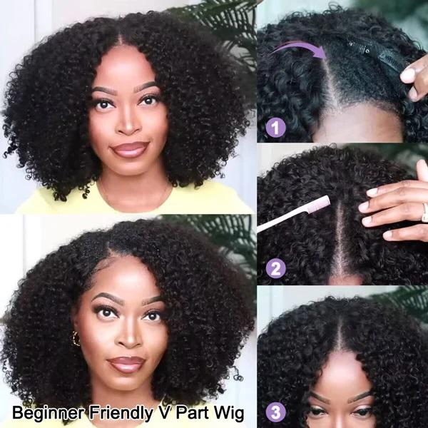 MORE FACE V Part Bob Wig Glueless Kinky Curly Human Hair Wigs With No Leave Out 180% Density Curly Human Hair Wigs Beginners Friendly