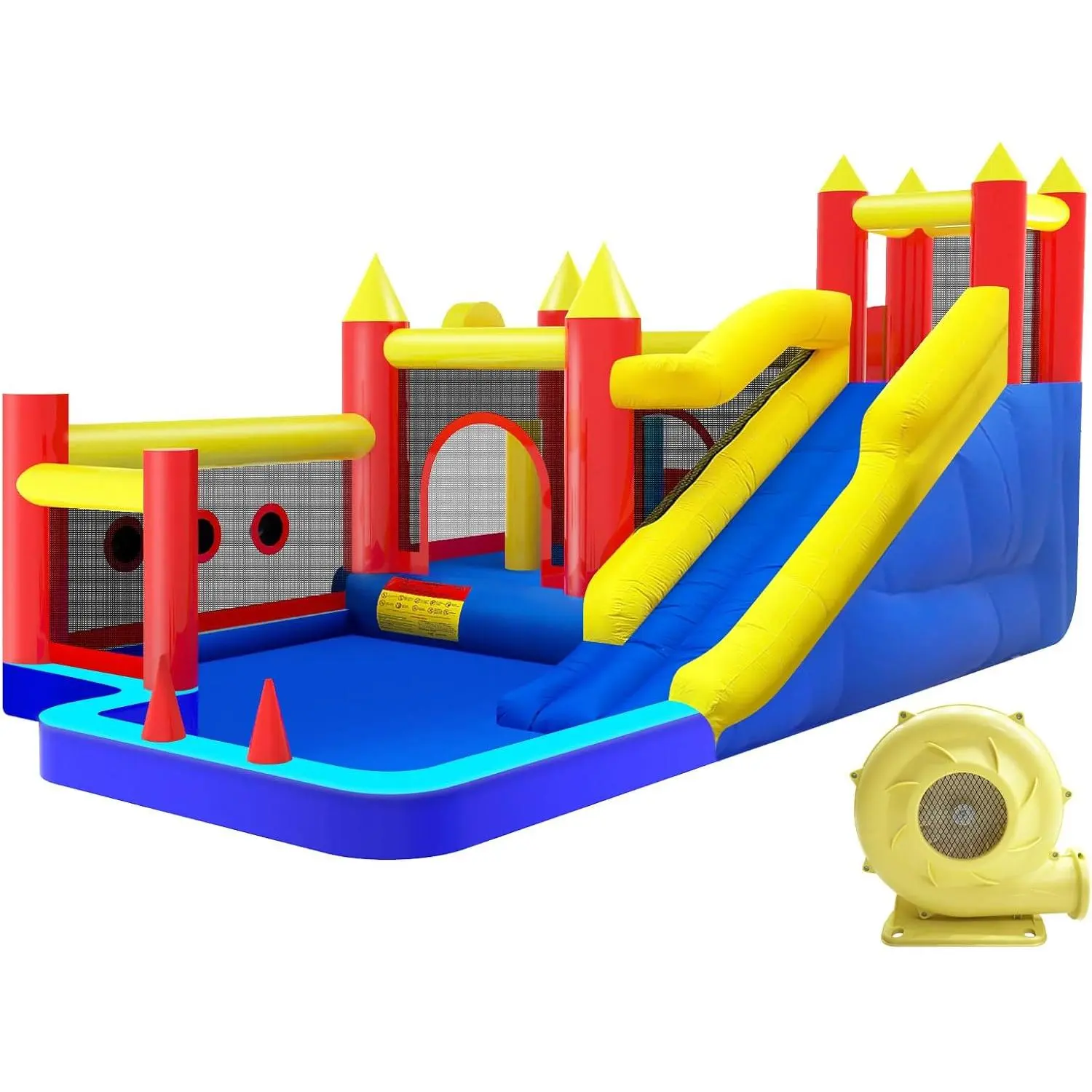 Inflatable Bouncer Bounce House with Air Blower for Kids 3-10, Inflatable Playground with Long Slide, Trampoline, Obstacles, Climbing Wall, Ball Pit-Water Pool for Outdoor & Indoor Use