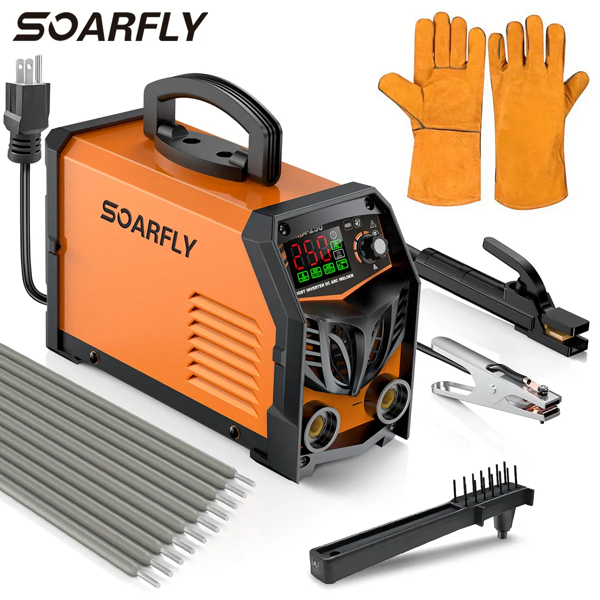 SOARFLY Stick Welder, 250Amp ARC Welding Machine with Large LED Display, Dual Voltage 110V/220V IGBT Inverter Portable Welder w/10 Rods, Ground Clamp, Electrode Clamp, Hot Start, Arc Force, Anti-Stick