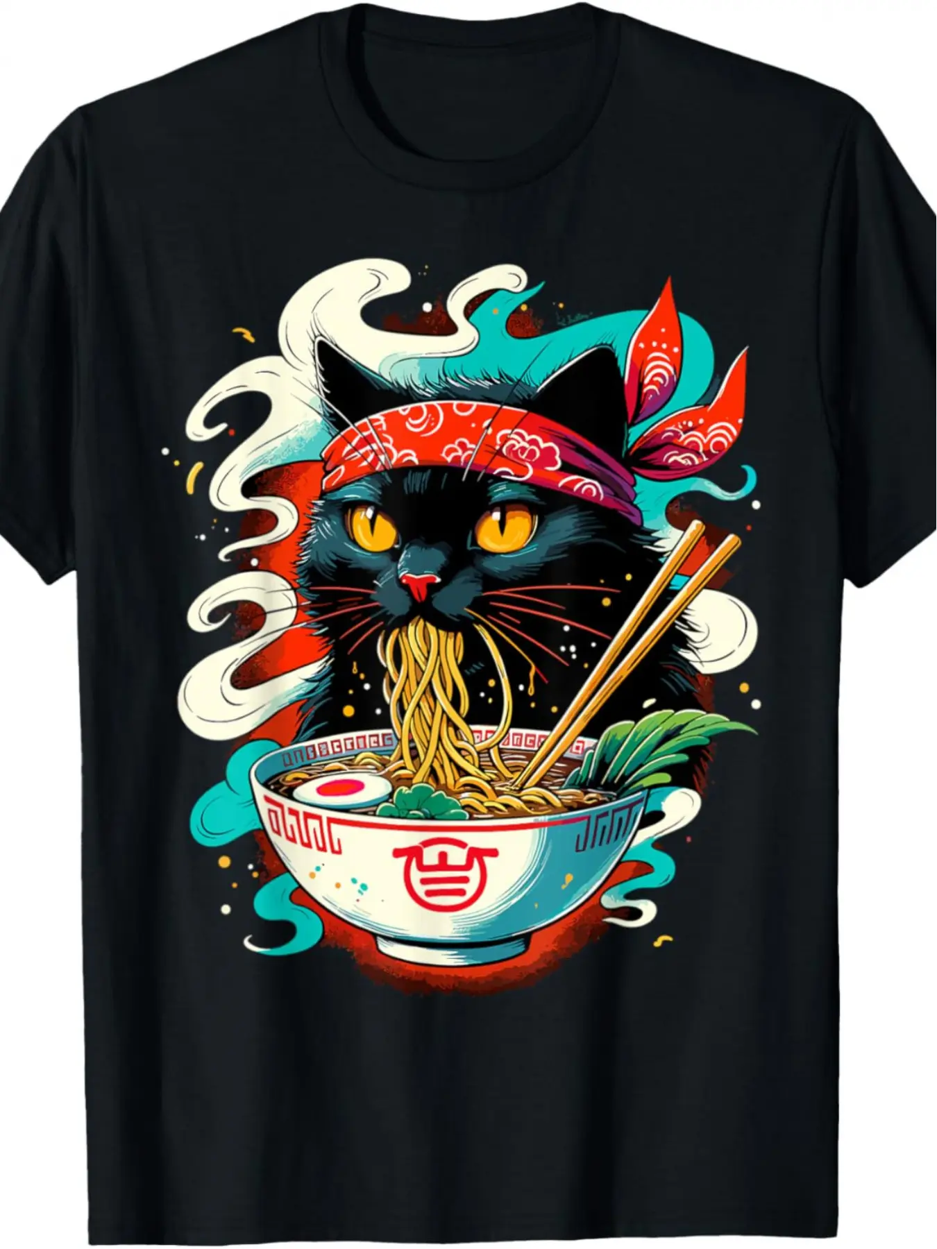 Men's Vintage Japanese Ramen Cat Art Print T-Shirt - Asian Streetwear, Classic, Cloud-Soft, Breathable, Novelty Daily Casual Top, Shortsleeve, Tshirt, Outfits, Cotton Crewneck Black