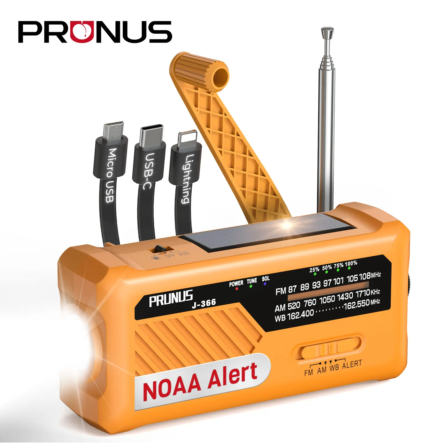 PRUNUS J-366 Emergency Radio with 3 Charging Cables, NOAA Weather Alert, 7400mWh/Solar/Hand Crank/ USB-C Charging, Battery Operated , WB/AM/FM, SOS Alarm, Flashlight, Compact for Bag,back to school,back to school haul
