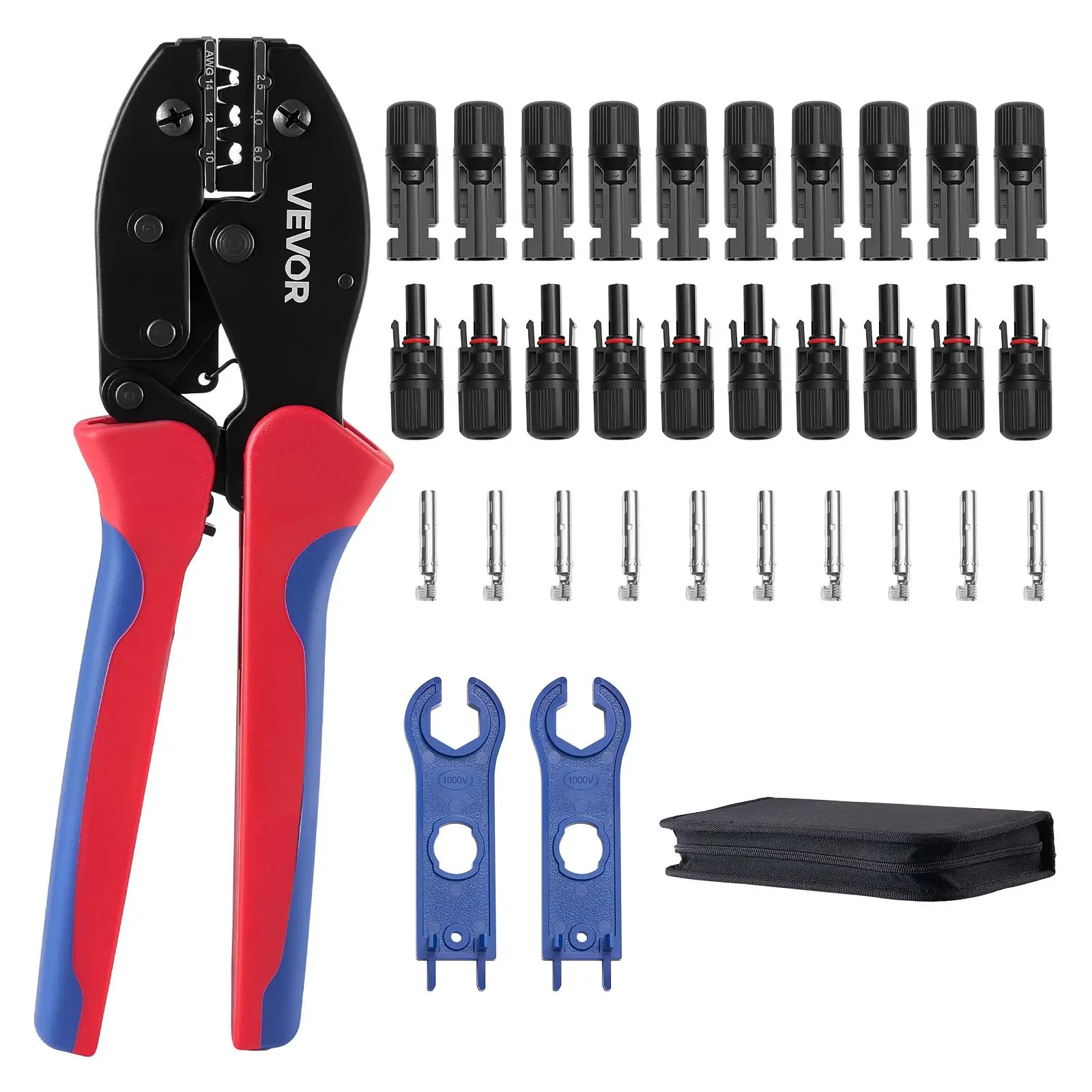 【summerfinds】VEVOR Crimping Tool, 14-10 AWG Ratcheting Solar Connector Crimper Tool Kit, Clear Metric & AWG Markings, with 10 Pairs Solar Connectors, 10 Pairs of Cable Connectors, Wrenches, and a Storage Case