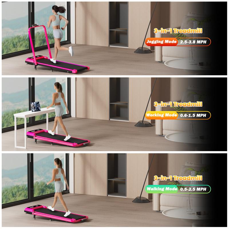 【LIVE ONLY】 HOT PINK! Foldable Walking Pad Treadmill by YAGUD, Low-Noise Motor, 265 lb Capacity, Dual Shock Absorption, Remote Control with Wheels, Includes Free Resistance Bands