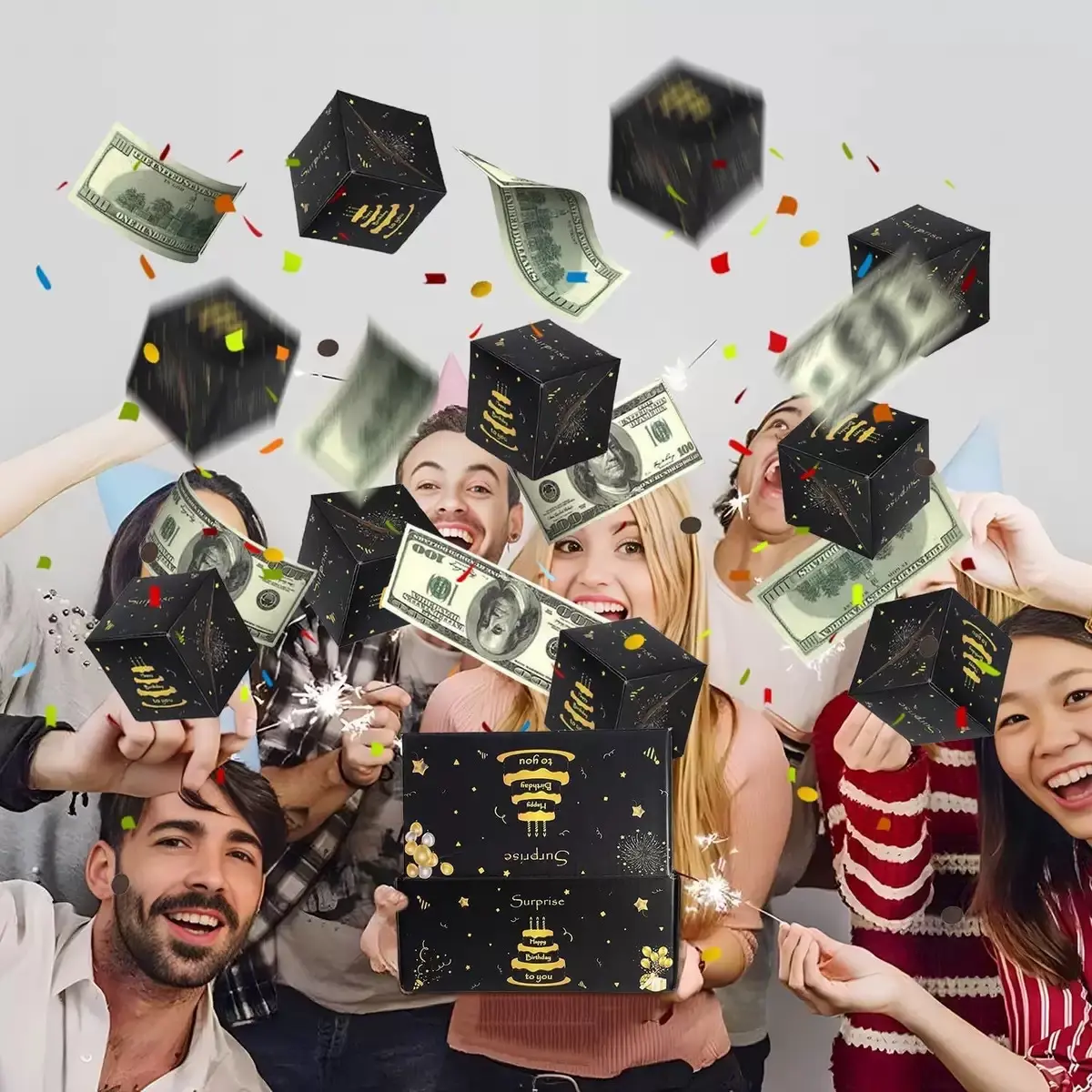1PC Birthday Surprise Gift Explosion Box Exploding Birthday Money Happy 20 Bouncy Exploding Money Box with Confetti Black Gold Pop-up Cash Men's Children's Birthday Party Supplies Party Gifts