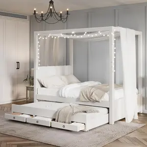 Full /Twin Size Upholstery Canopy Platform Bed with Soft Headboard and can Decorate Roof, Linen Upholstery Bed Frame with Trundle and 3 Storage Drawers, for Bedroom Guest Room (Beige)