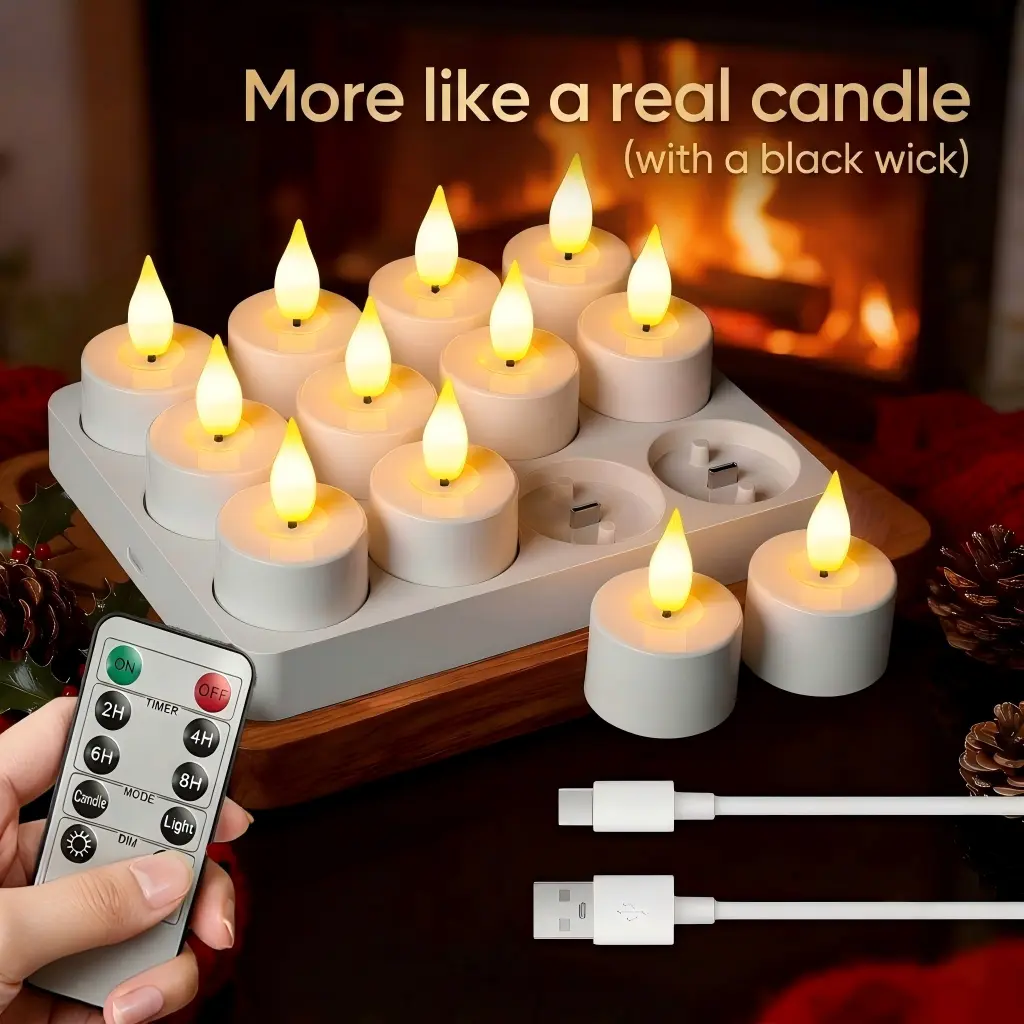 Flameless Candles Tealights, 12pcs Rechargeable USB C Tea Lights Candles with Remote Control, Charging Station, Timer for Halloween Decorations Christmas Decorations Indoor for Home Table Glass Jars or CANDLE Holder
