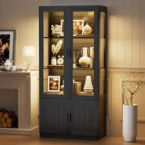 Display Cabinet with Acrylic Doors, 67" Tall Curio Cabinet with Storage and Shelves, Bookcase with 3 LED Lights, Trophy Case with Human Body Sensor for Books, Toys, Collections, Black