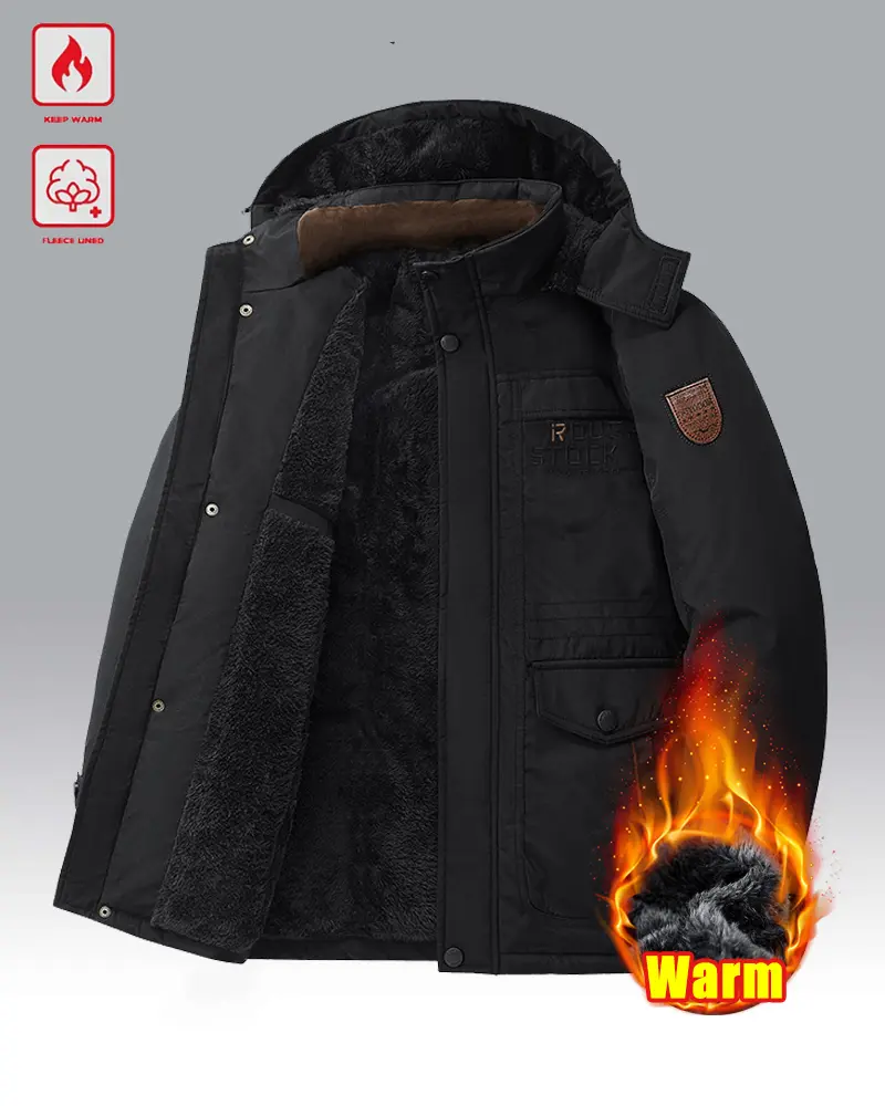 Men's Basic Long-Sleeve Fleece-Lined Hooded Jacket - Menswear Coat, Windproof, Waterproof, Thick, Warm, Cold-Resistant, Multifunctional, Layered, Dry-Clean Only, Suitable for Daily Casual Wear & Weekend Outings