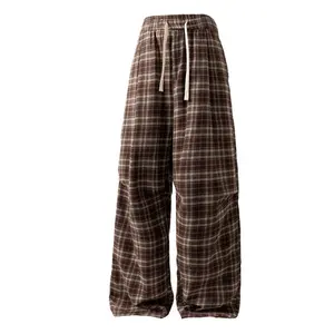 Spring loose-fit versatile plaid casual pants; men’s straight-leg long pants with a drapey feel; trendy retro plaid casual pants; loose straight-leg pants; drawstring versatile long pants; soft, comfortable fabric suitable for everyday wear summervibes