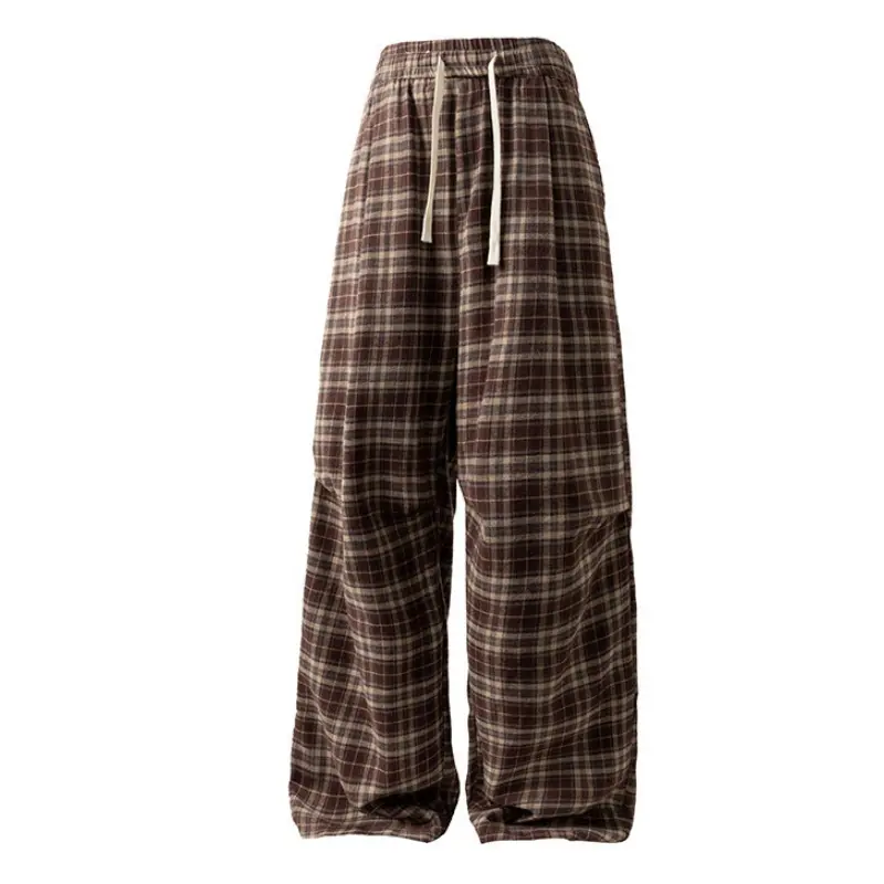 Men's Stylish Retro Casual Checkered Plaid Trousers - Loose-Fit, Regular-Leg, Straight-Leg Soft Polyester Pants with Drawstring for All-Day Sports Wear