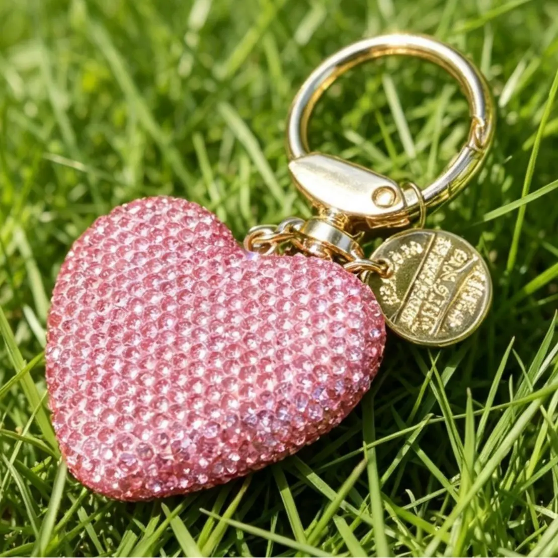 Shiny Full Cover Rhinestone Pink Heart Keychain, Feminine Glamorous Glitter Crystal Bag Charm, Gold Hardware Lobster Clasp, Fashion Accessory Gift Idea