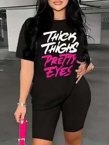 Women'S Plus Size Women'S Clothing Set Thick Thighs Pretty Eyes Black Crew Neck, Casual Sports, Machine Washable, Suitable for All Seasons