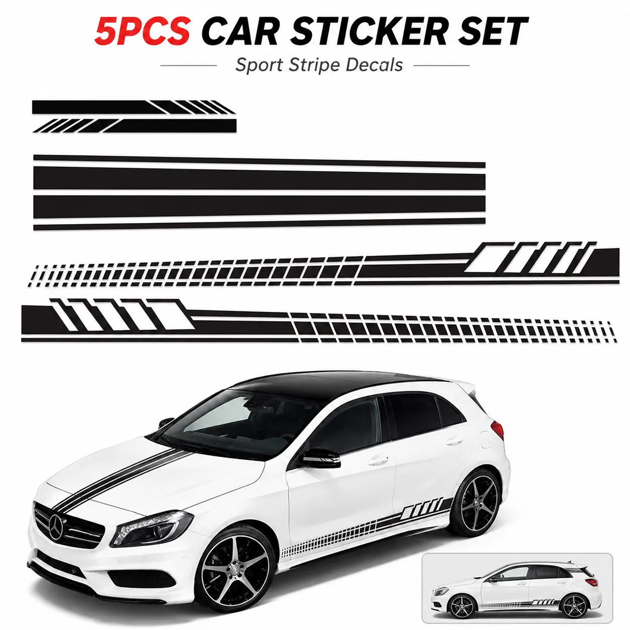 Striped 5-Piece Car Stickers - Vehicle Exterior Decoration Accessories, Car Vehicle Decoration Sticker Deco with Body Waistline Stripes, Side Skirt Accents, Hood Embellishments, Side Mirror Decals