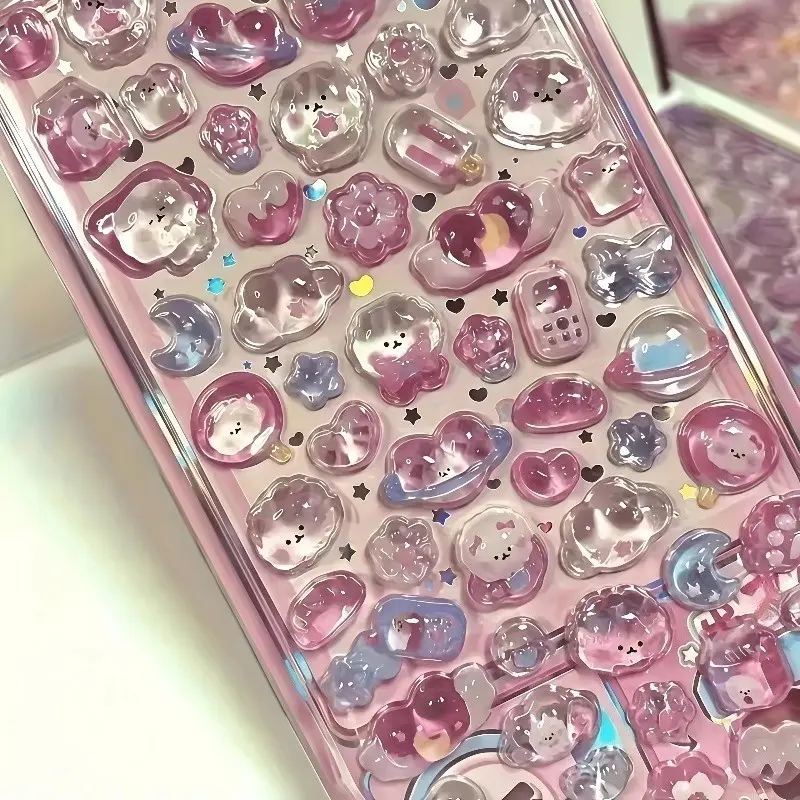Self-Adhesive Glitter Stickers for Phone, Water Bottle, Notebook, Cute Aesthetic Animal & Heart Patterns, No Cutting, Easy Peel 3D Bubble Stickers