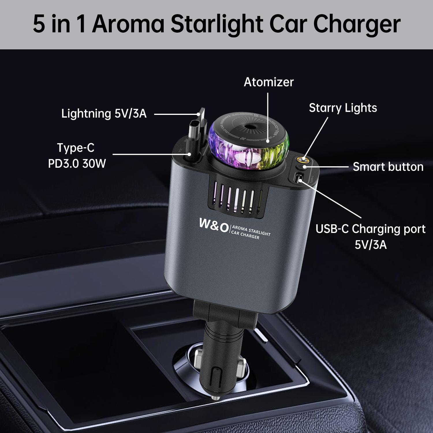【New Airfreshener Starlight In Car Roof】5 in 1 Car Charger, Car Air Freshener with High Speed USB C Adapter with Lightning Cable & Charge Port for iPhone & Android Phone, Retractable Car Charger, Comes with 3 Bottles of Fragrance, Car Accessories