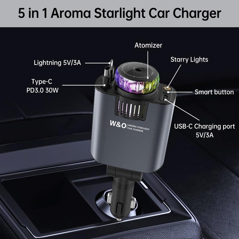 【New Airfreshener Starlight In Car Roof】5 in 1 Car Charger, Car Air Freshener with High Speed USB C Adapter with Lightning Cable & Charge Port for iPhone & Android Phone, Retractable Car Charger, Comes with 3 Bottles of Fragrance, Car Accessories 【New Airfreshener Starlight In Car Roof】5 in 1 Car Charger, Car Air Freshener with High Speed USB C Adapter with Lightning Cable & Charge Port for iPhone & Android Phone, Retractable Car Charger, Comes with 3 Bottles of Fragrance, Car Accessories