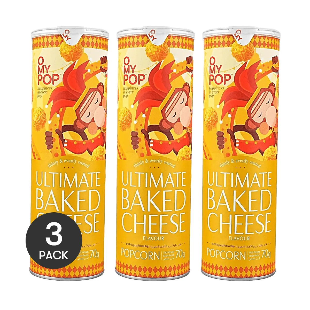 3 Pack OHMYPOP Malaysian Baked Cheese Popcorn 2.47 oz Each - Rich Cheese Flavor Crispy Snack