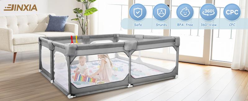 JINXIA Baby Playpen with Mat Extra Large Playpen for Babies and Toddlers with Storage Bag BPA-Free Non-Toxic Safe No Gaps Playards for Babies Sturdy Safety Play Yard for Indoor Outdoor Fun Grey