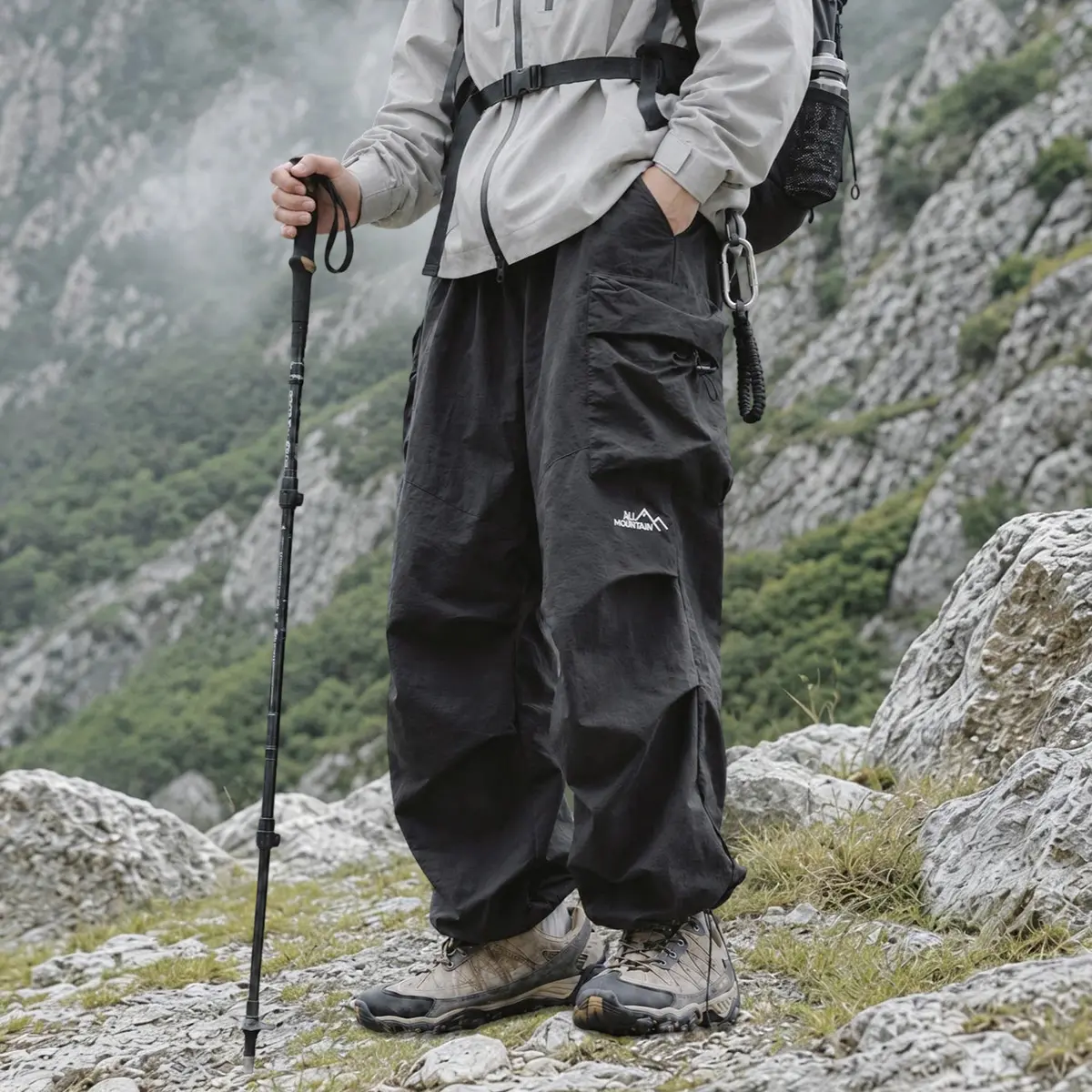 Men’s loose cargo parachute pants — lightweight, waterproof outdoor hiking long pants with a relaxed fit and Gorpcore street style; men’s pants