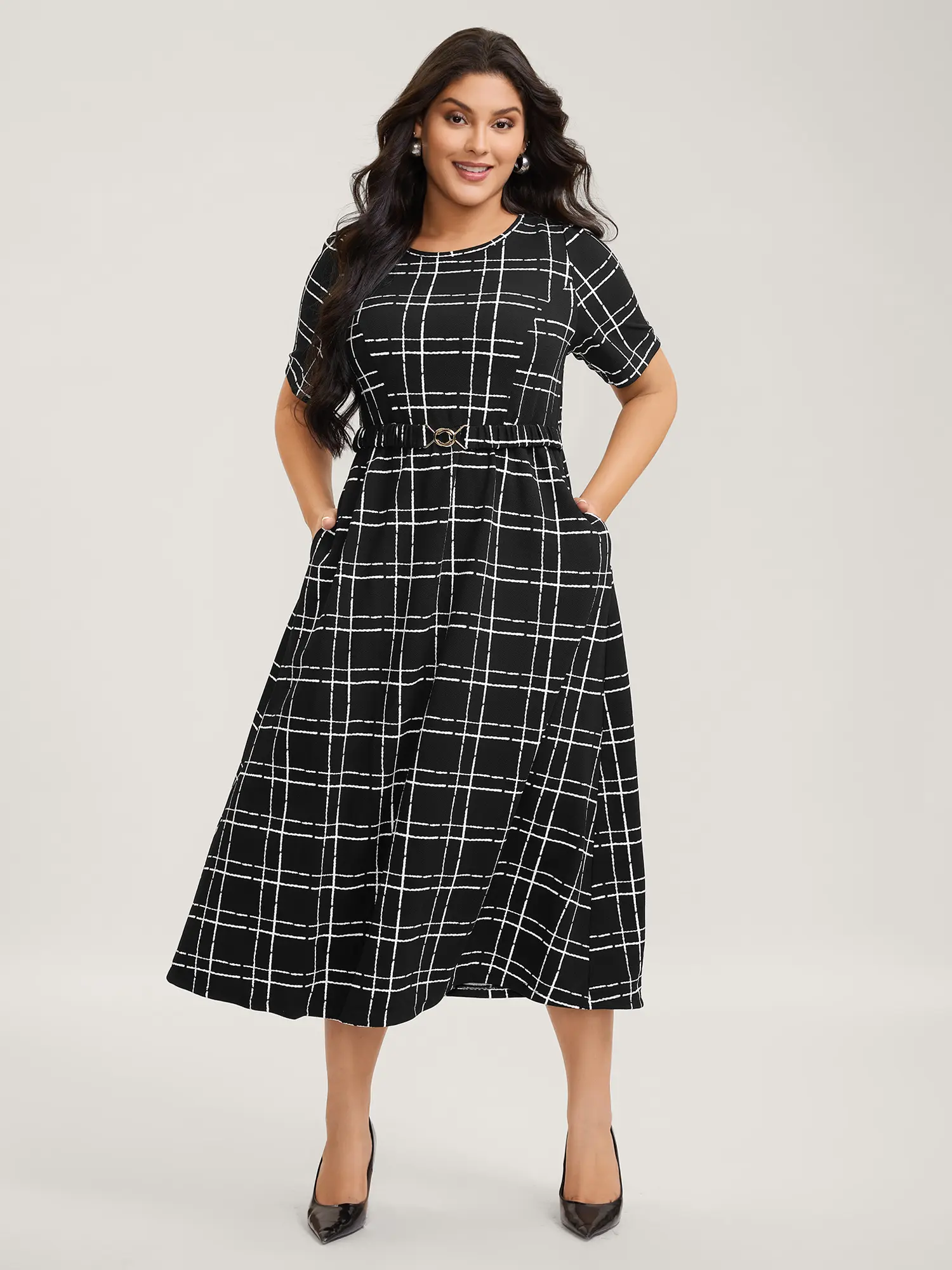 Women's Casual Office Plaid Midi Dress with Half Sleeves, Belt, and Side Pockets - Polyester Blend Garment, Casual Fashion Dress, Fabric, Checkered Print, Round Neck, Women's Clothing, Belted, Low Iron, Cold Wash, Spandex, Casual Wear
