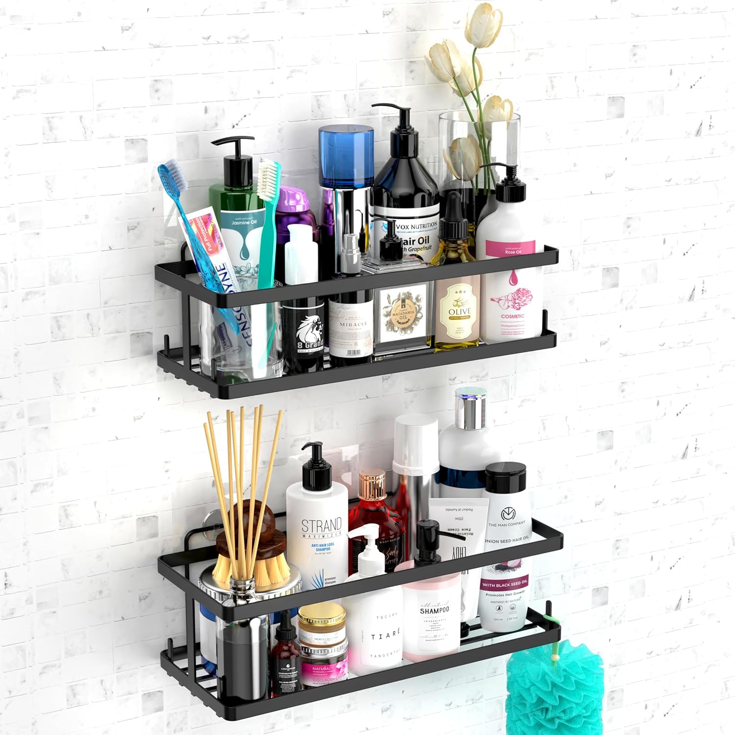 6 Pack Bathroom Adhesive Shower Shelves for Tile Wall Toiletry Kitchen Organizer and Large Capacity Bathtub Essentials Wall Rack Suction