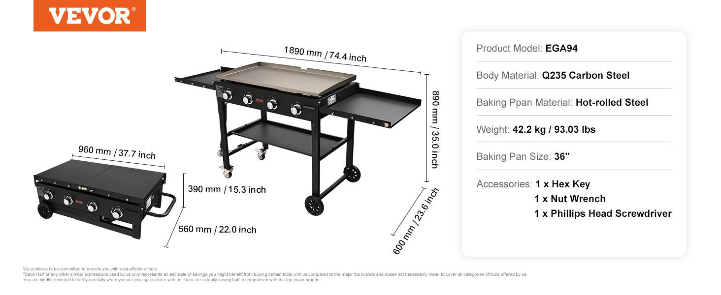 VEVOR Commercial Griddle on Cart, 36" Heavy Duty Manual Flat Top Griddle, Outdoor Cooking Station with Side Shelves, Steel LPG Gas Griddle, 4-Burners Restaurant Portable Grill - 60,000 BTU VEVOR Commercial Griddle on Cart, 36" Heavy Duty Manual Flat Top Griddle, Outdoor Cooking Station with Side Shelves, Steel LPG Gas Griddle, 4-Burners Restaurant Portable Grill - 60,000 BTU