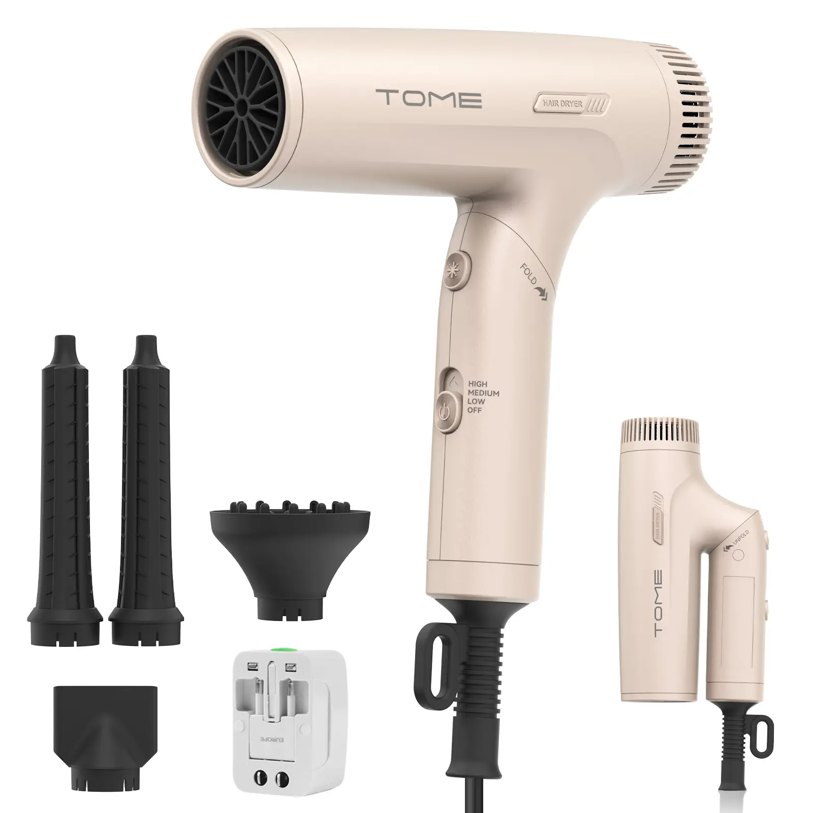TOME Fold & Go Dual Voltage Travel Blow Dryer - 1200W, 120-240V Universal Adapter, 330g, Concentrator Nozzle, Diffuser, Air-Powered Wrap Wands, Smoothing Included Pouch for Hair Styling & Global Use