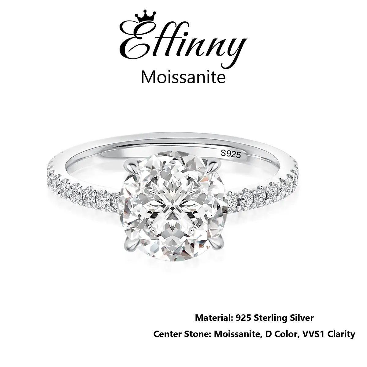 Effinny Lab Created Certified Moissanite 2.0 Carat D Color VVS1 Round Excellent Cut Engagement Ring, Fashion Promise 925 Sterling Silver Jewelry for Women, Wedding