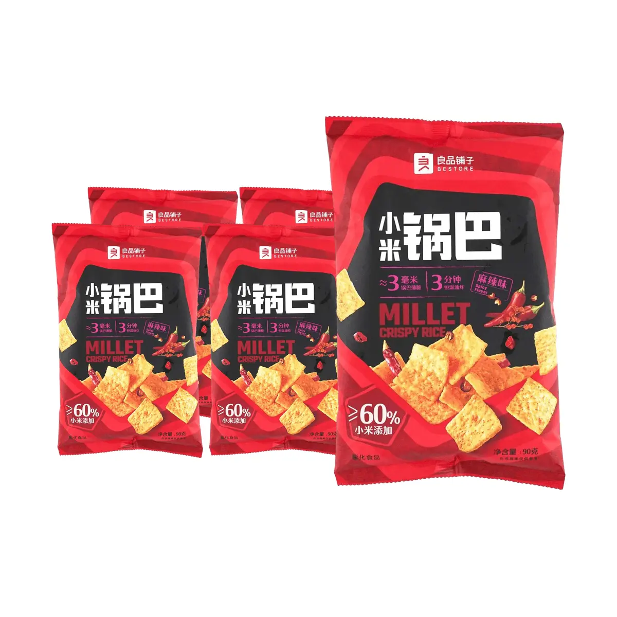 BESTORE Mi Guo Ba Spicy Flavor - 5 Pack (90g Each) - Crispy Rice Snacks, Authentic Chinese Snack Food